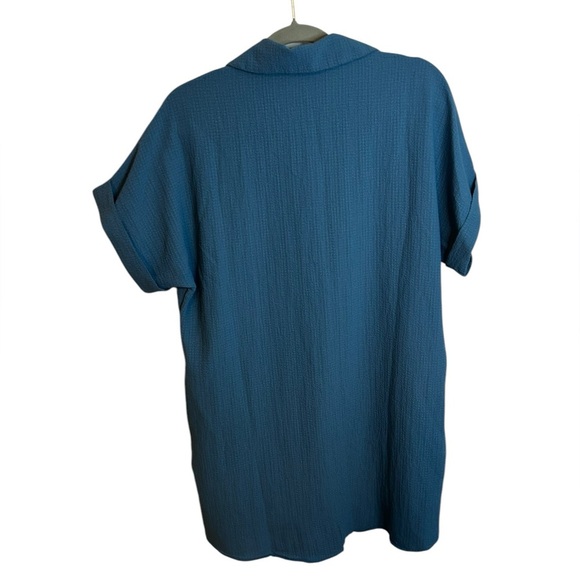 Cozy Casual Blue Button Front Gauze Shirt Dress - Picture 2 of 5